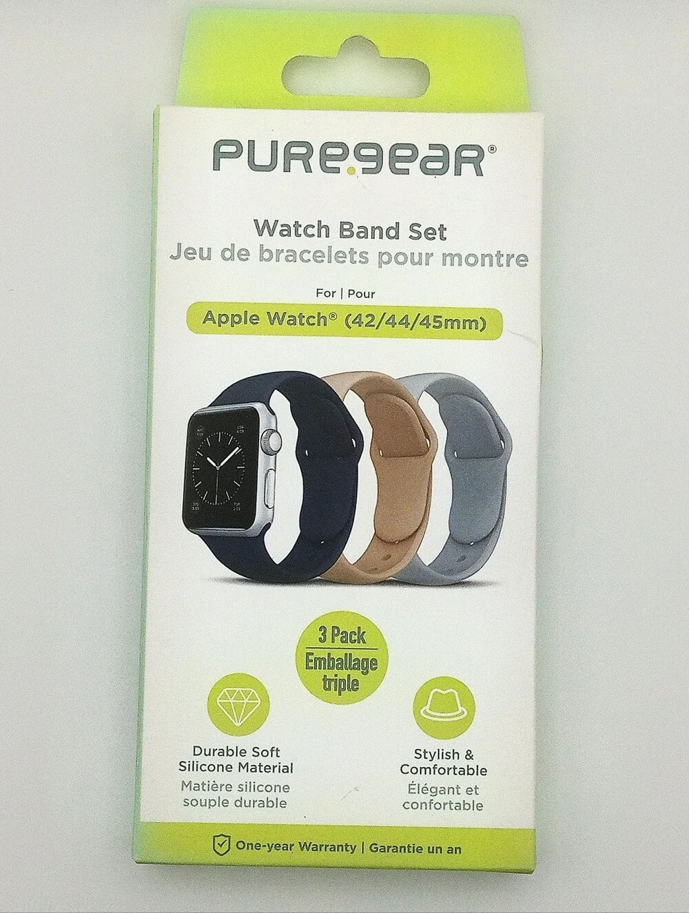 Apple Watch Band 3‑Pack Soft‑Touch Silicone – Navy/Tan/Gray (42/44/45mm)